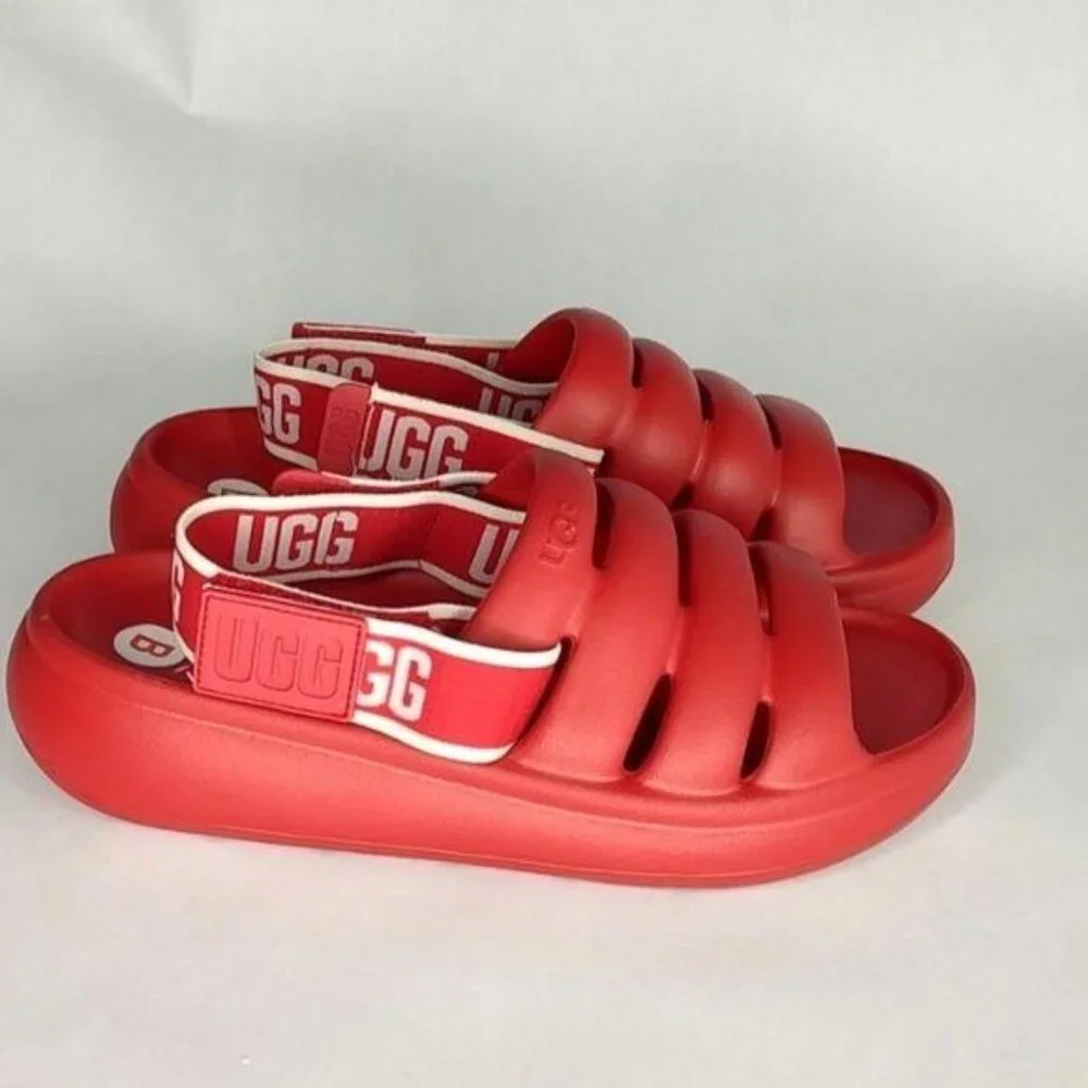 UGG Sport Yeah Sandals 9 Samba Red Slides logo Print Backstrap Resort Beach - Picture 5 of 10